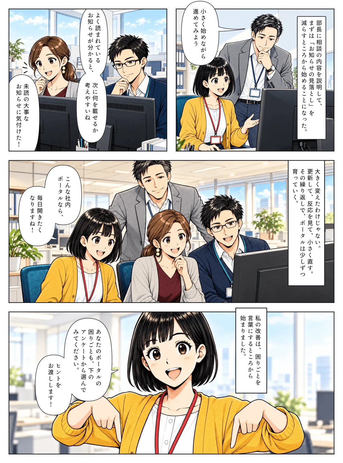 漫画 第5話：相談のあと、加藤は「知らせる・探す・測る」の視点で小さな改善を続け、使われ続けるポータルに育てていく。