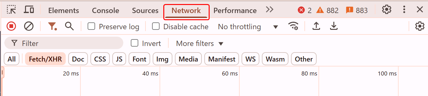 「Network」タブを開く