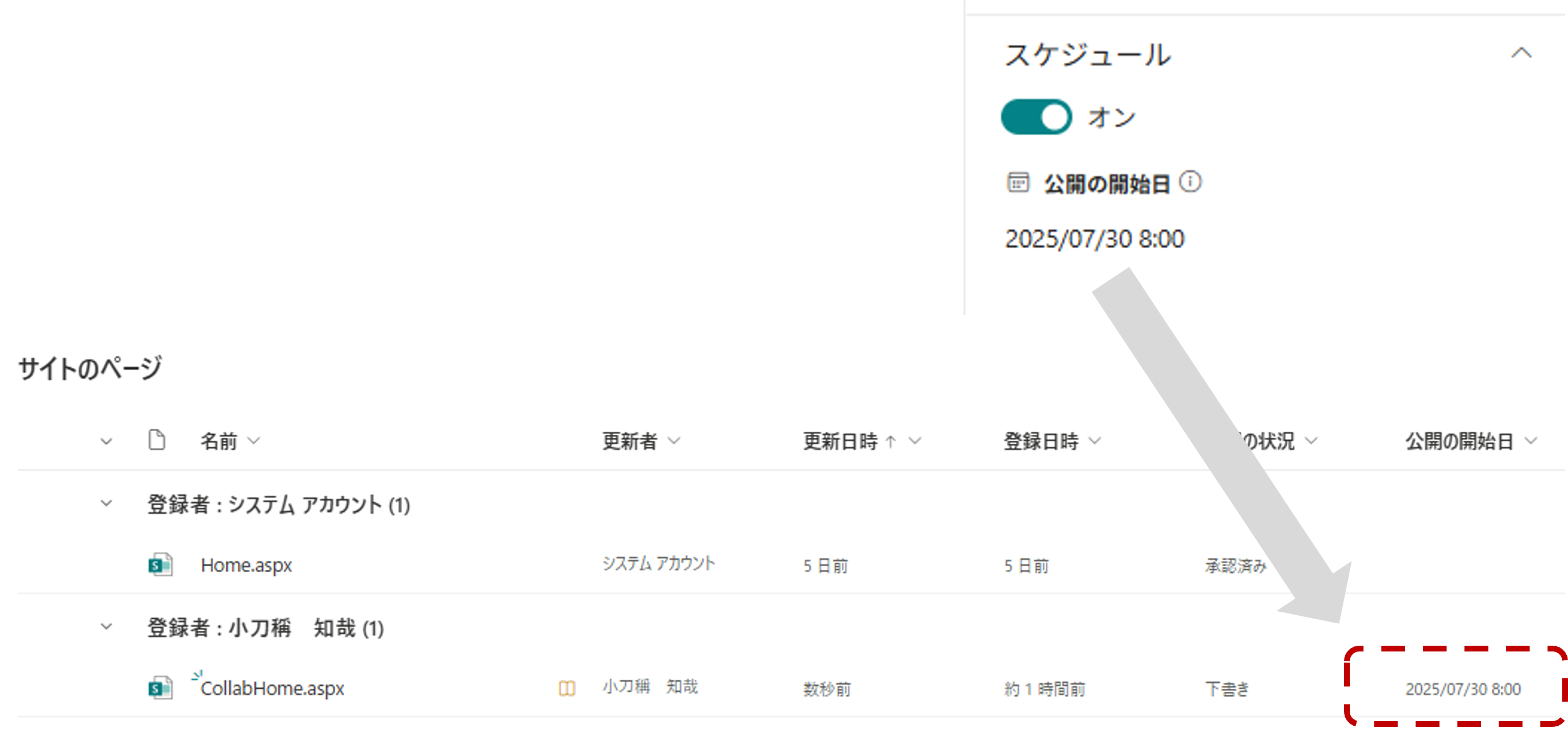 スケジュール設定と公開の開始日