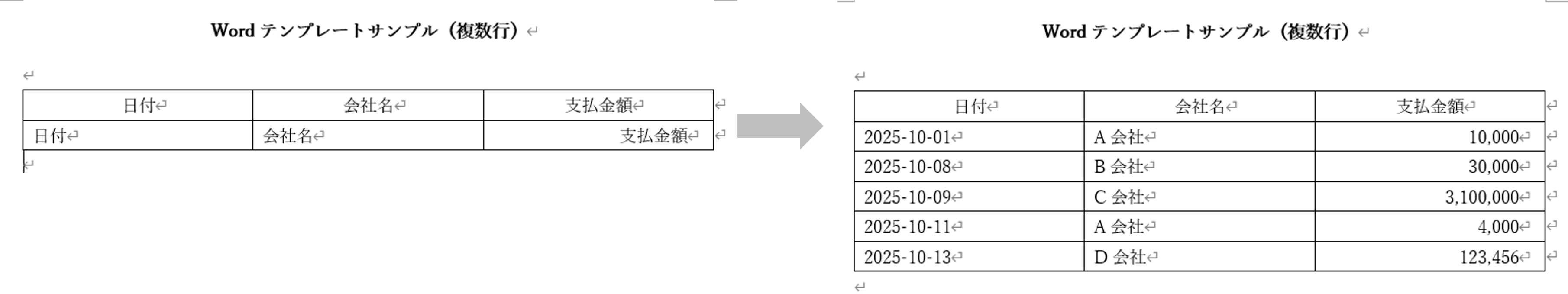 複数行のデータに対応したWordテンプレート