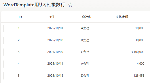SharePointリスト設定画面(複数レコード)