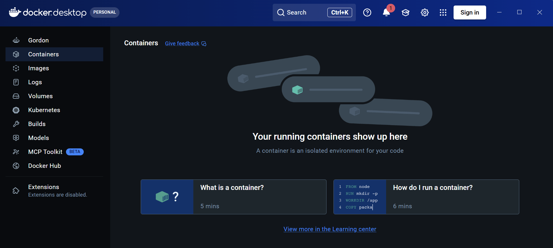 Docker Desktopの起動完了画面