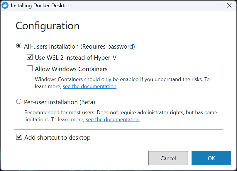 Docker Desktopのインストール設定