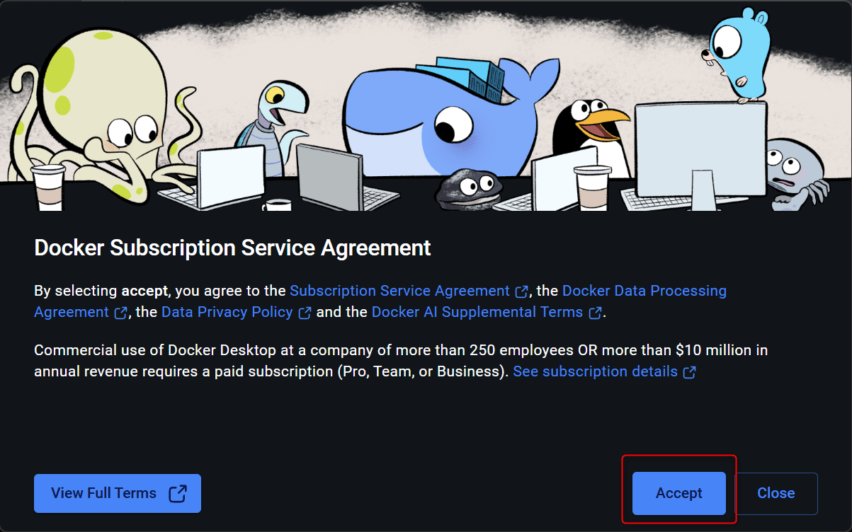 Docker Desktopの利用規約画面