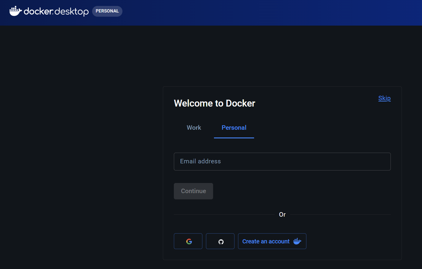 Docker Desktopの初回起動画面