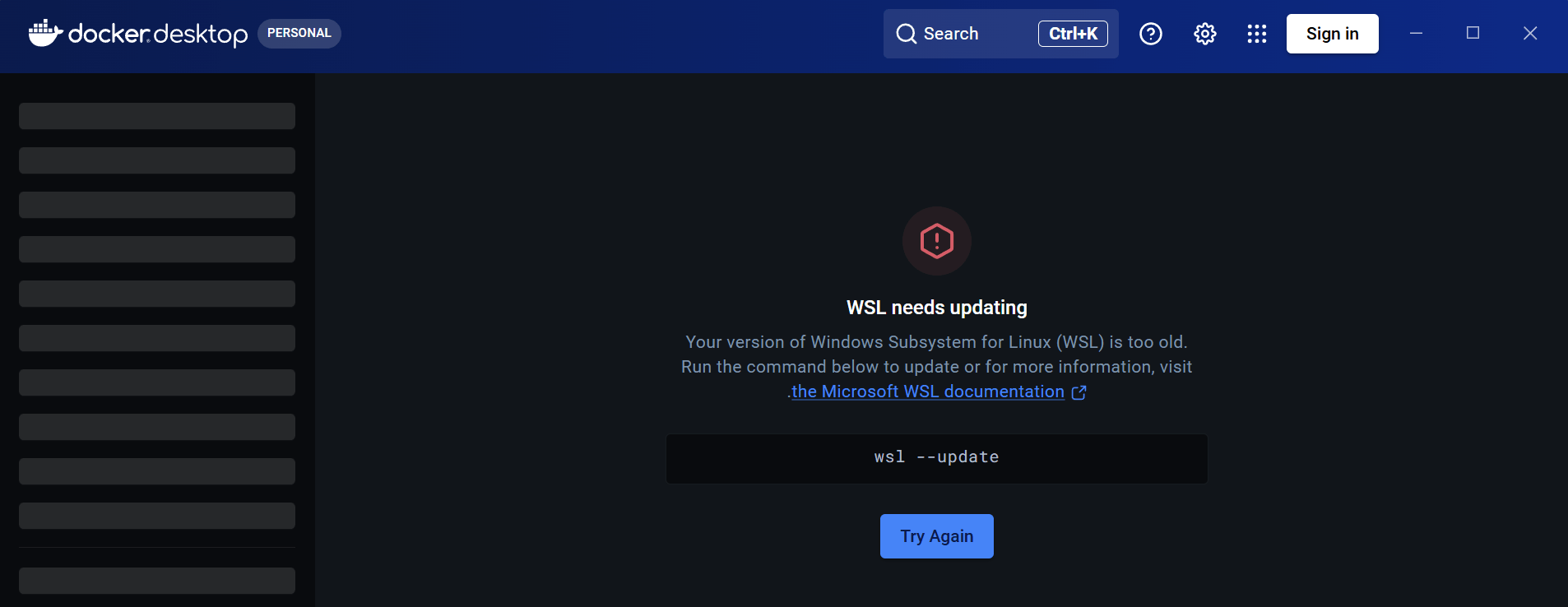Docker DesktopのWSL更新メッセージ